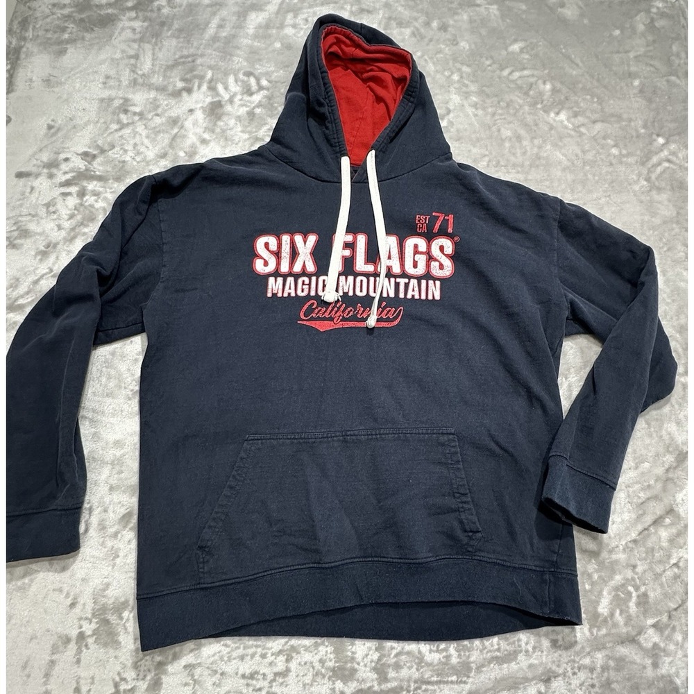 Six Flags Magic Mountain Hoodie Sweatshirt Mens Size‎ 2XL Blue Drawstring EUC